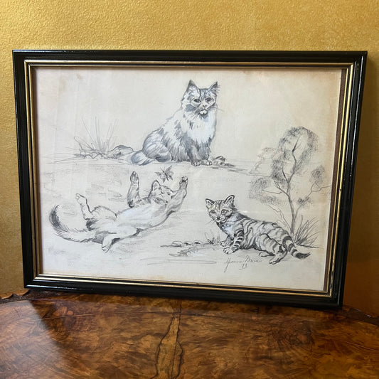 Vintage Cat Drawing Artwork By Yvonne Davies