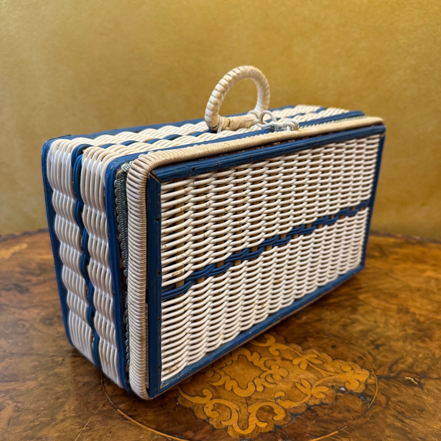 Vintage Blue & White Wicker Sewing Bow