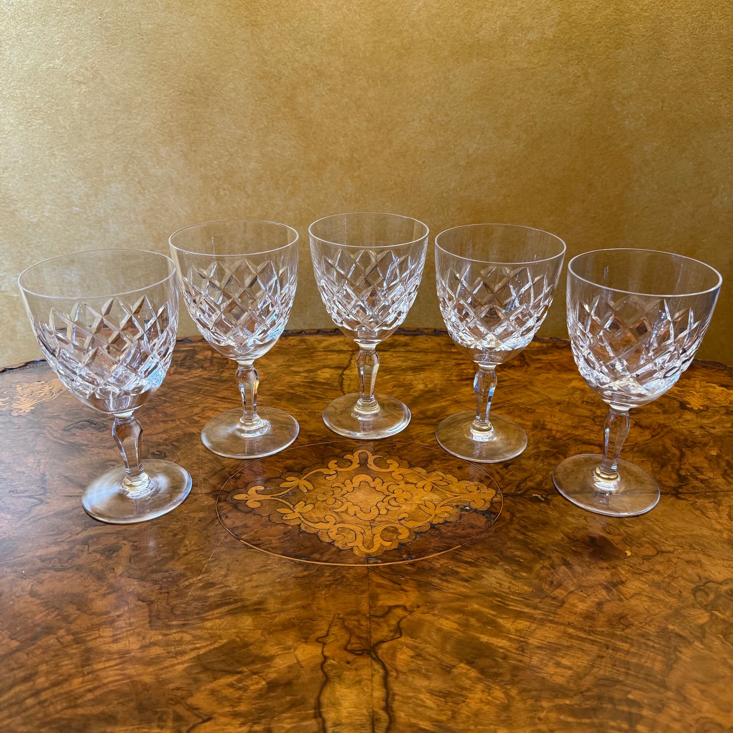 Vintage Crystal Cut Wine Glasses Set Of Five