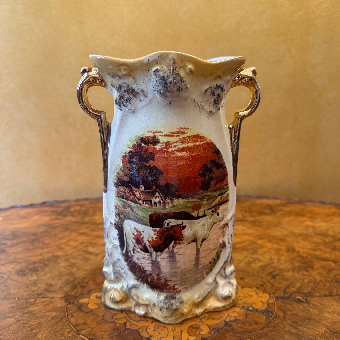 Antique Lancaster & Sons Hanley Cow & Horse Print Vases Pair