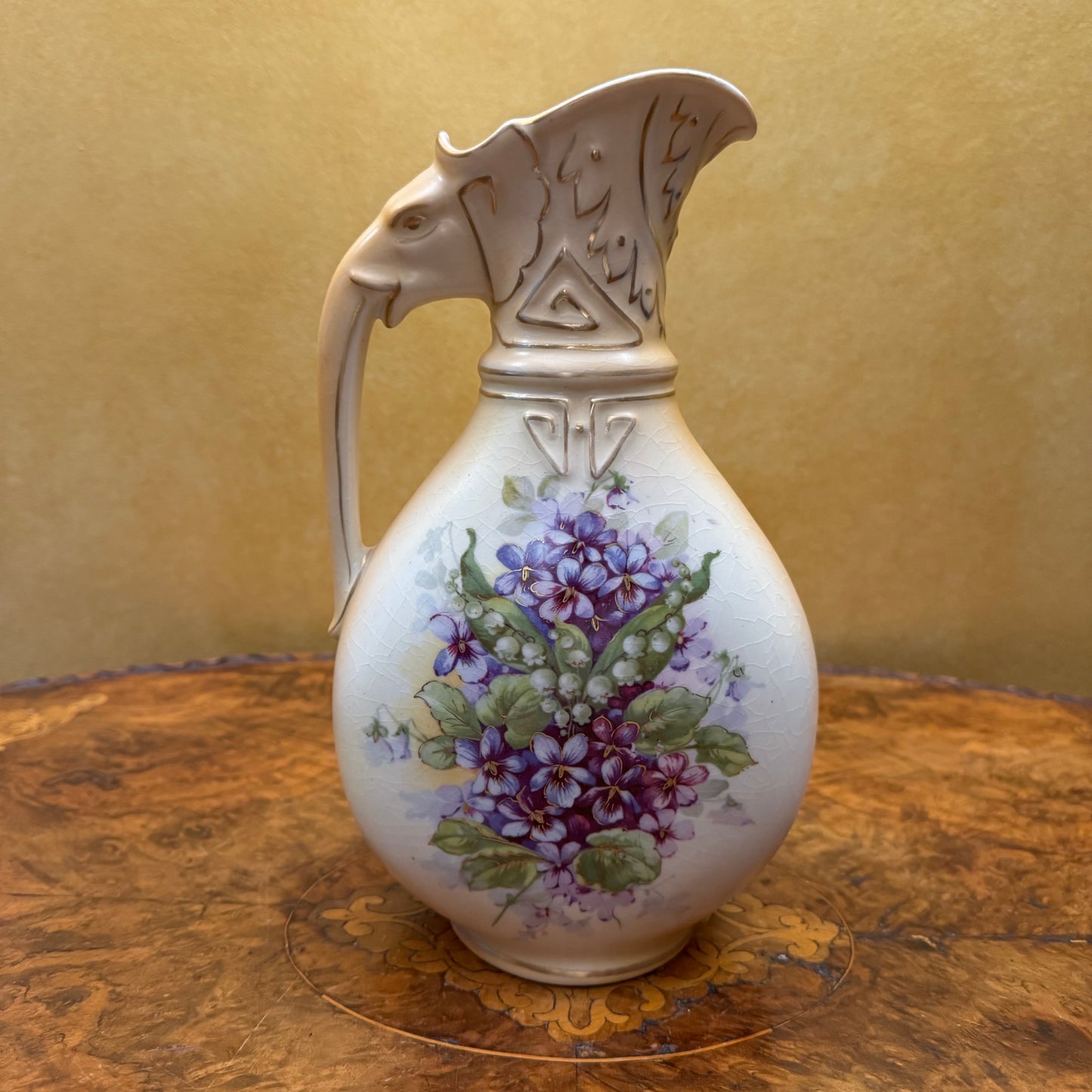 Antique Austrian Hand-Painted Elephant Handle Jugs Pitcher Pair