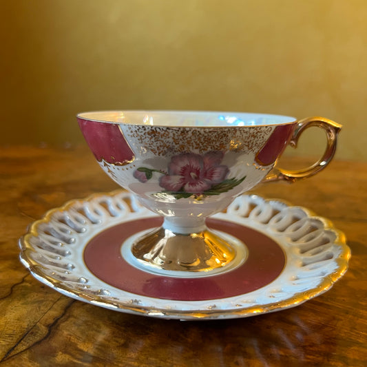 Vintage Japanese Floral Lusterware Tea Cup & Saucer