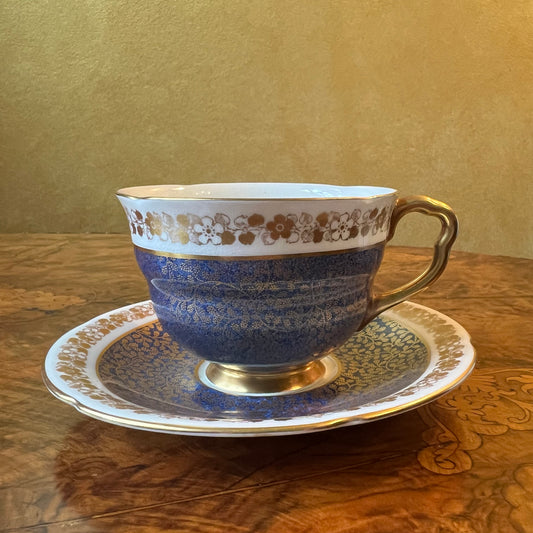 Vintage Royal Doulton Blue Gold Floral Tea Cup & Saucer