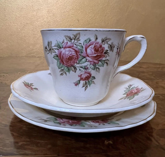 Vintage J & G Meakin Rose Print Tea Cup Trio Set