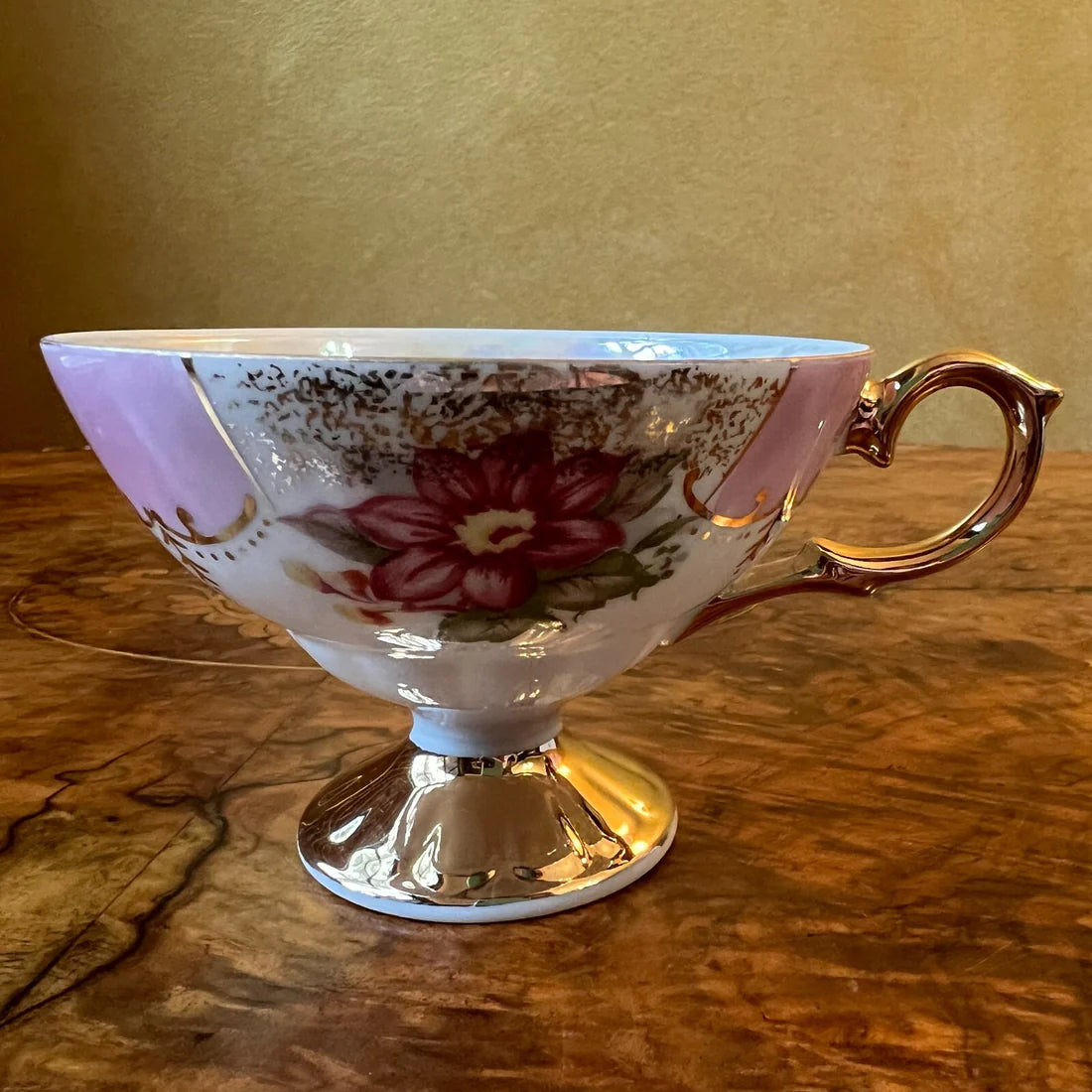 Vintage Japanese Pink Floral Lusterware Tea Cup & Saucer
