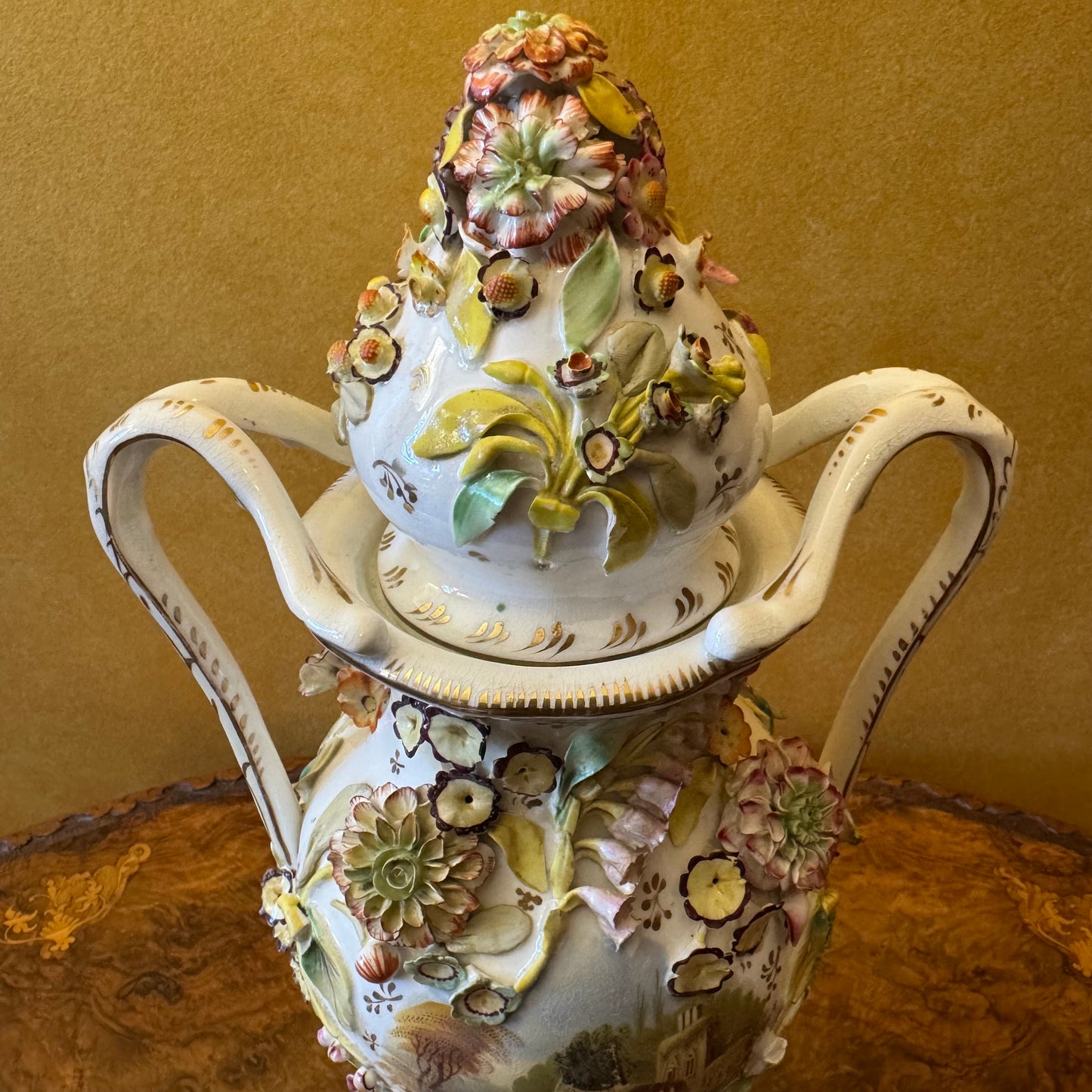 Large Applied Flowers Hand-Painted Scene Twin Handles Vase Lid