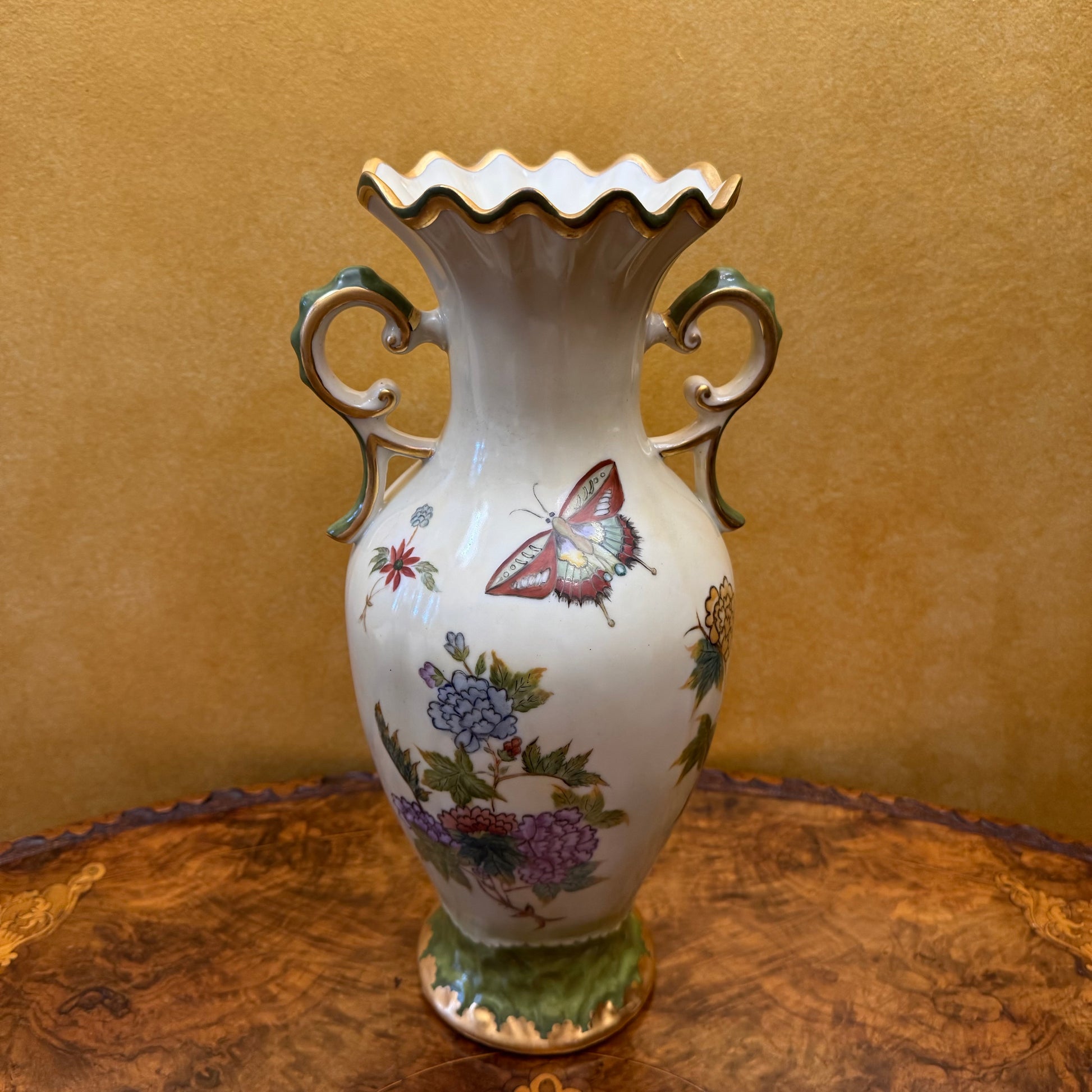 Large Butterfly Floral Hand-Painted Vase 