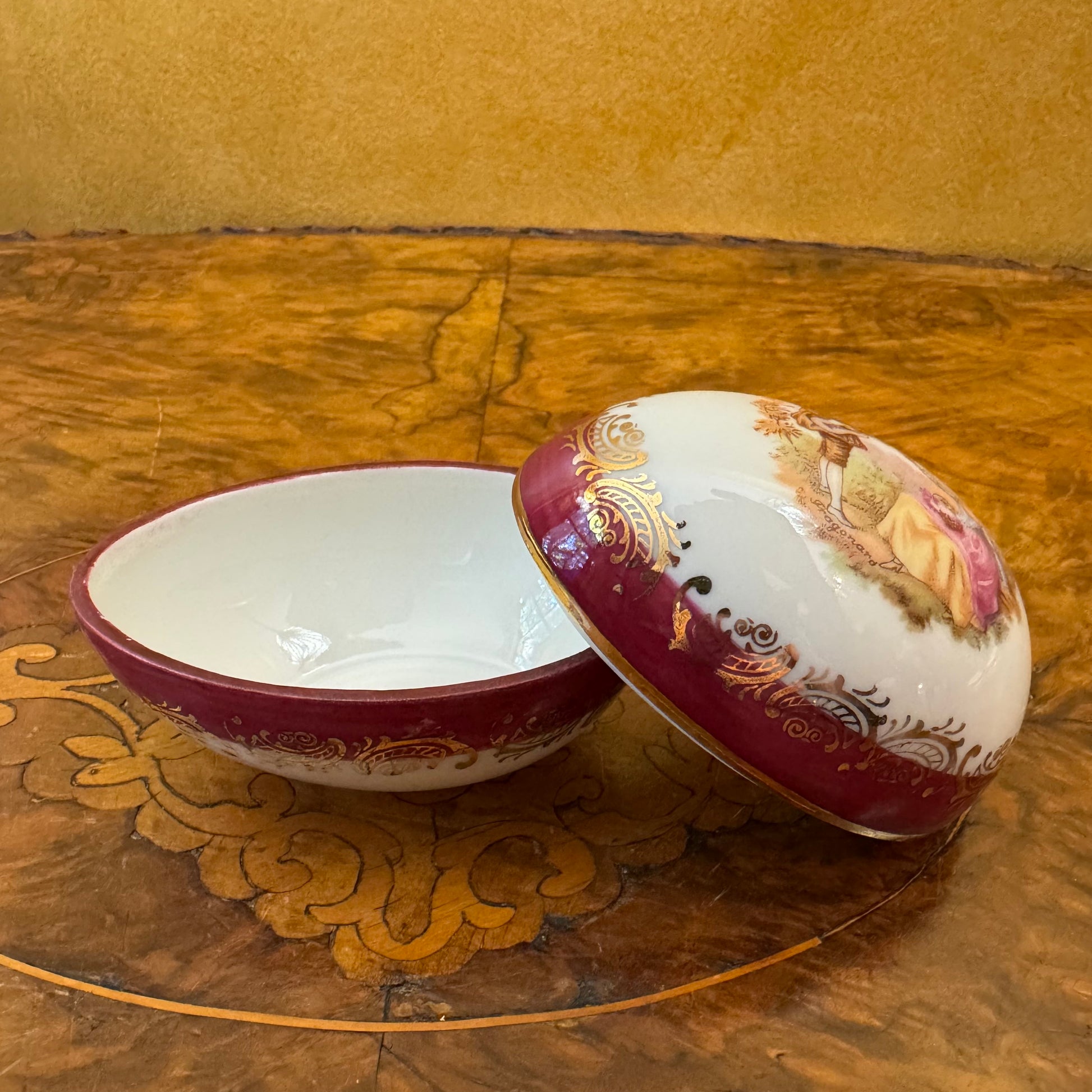 Limoges France Fragonard Courting Print Egg Shaped Box 