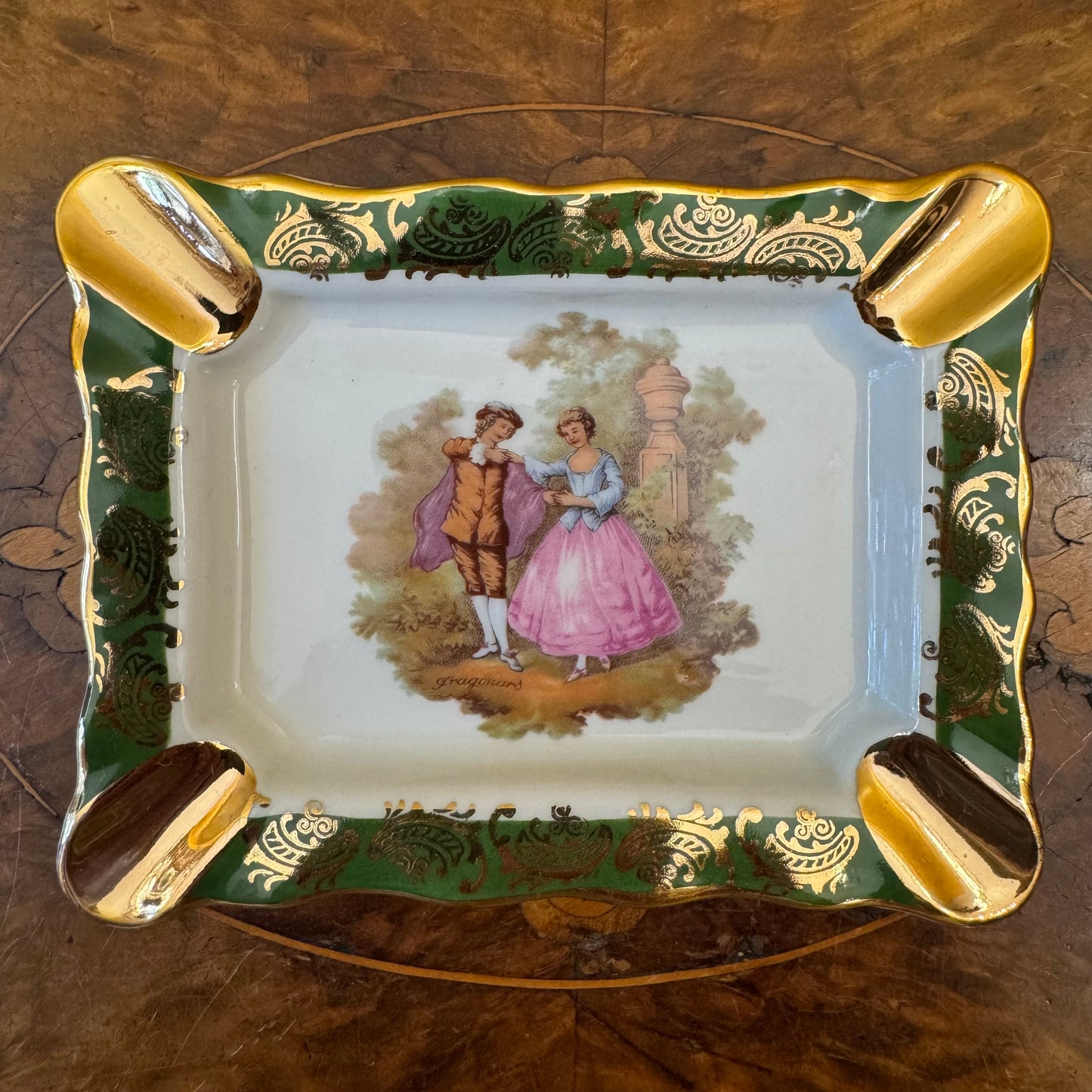 Limoges French Courting Print Green & Gold Ashtray 