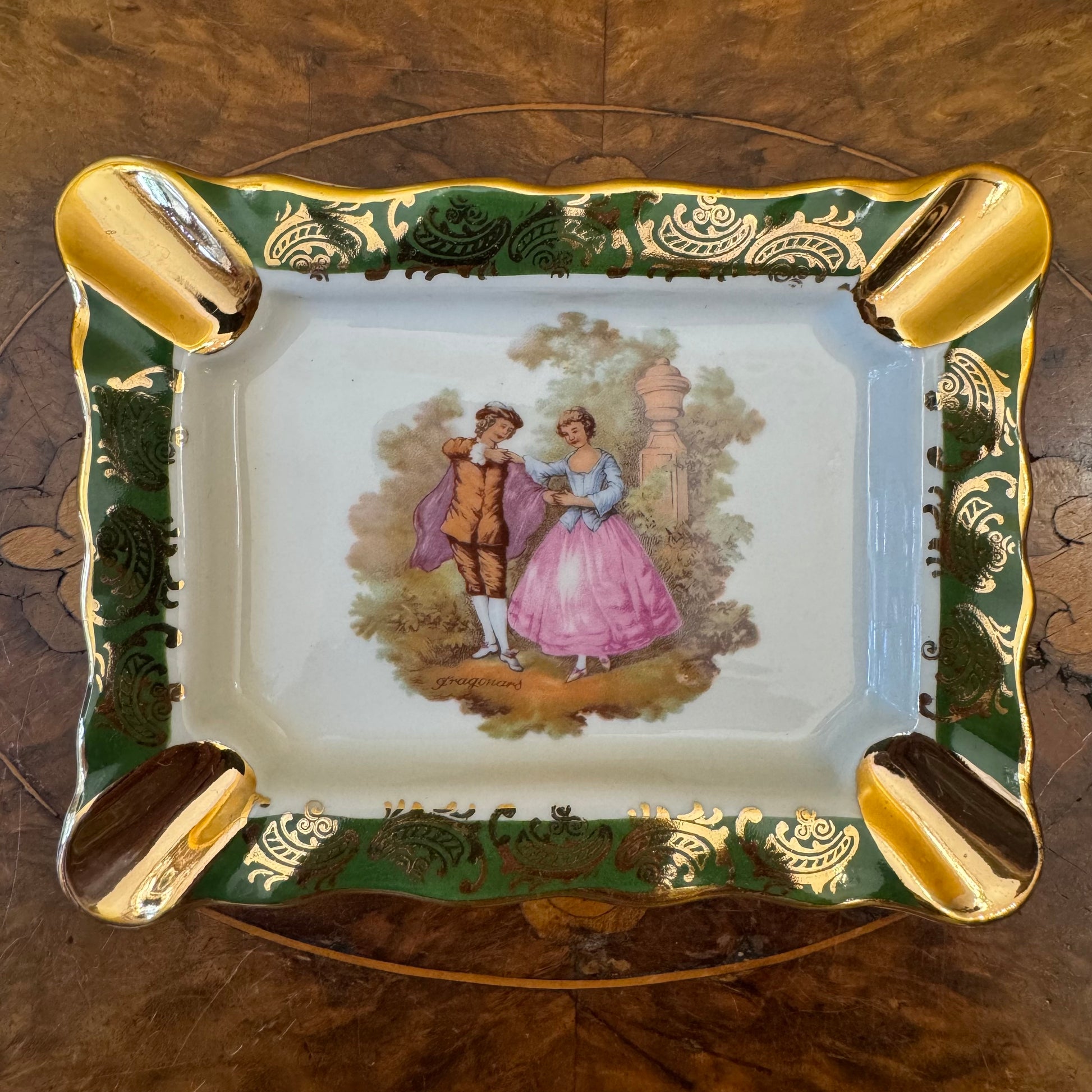 Limoges French Courting Print Green & Gold Ashtray 