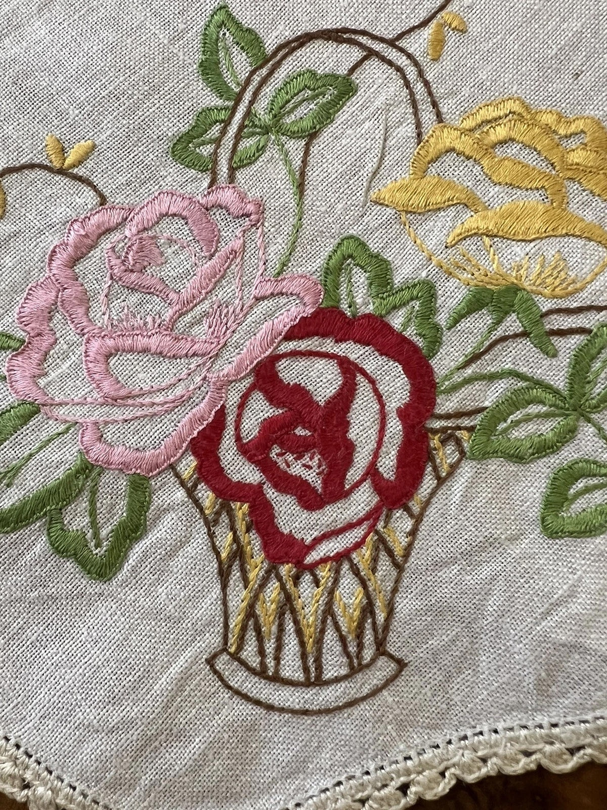 Vintage Linen Embroidered Floral Doily