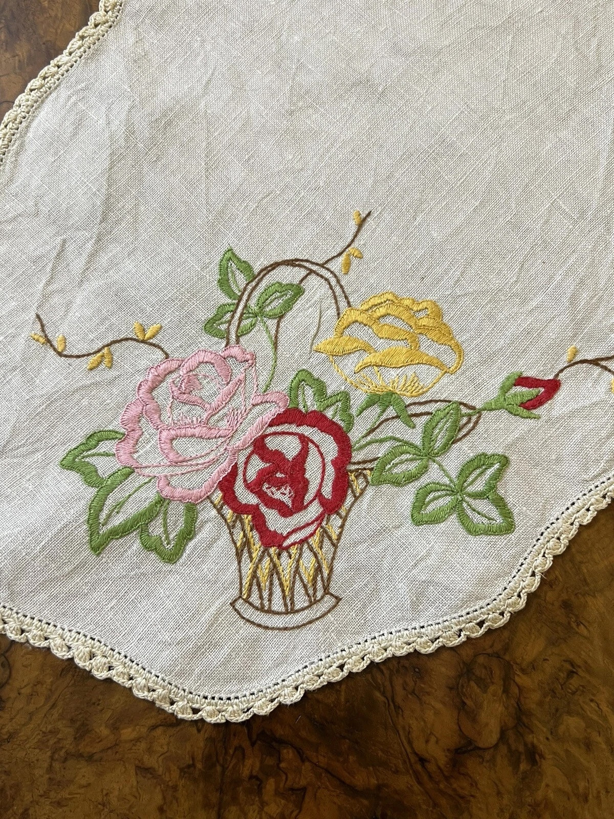 Vintage Linen Embroidered Floral Doily