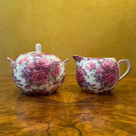 Maxwell & Williams Roseberry Floral Pink Red Roses Milk Jug & Sugar Bowl Set 
