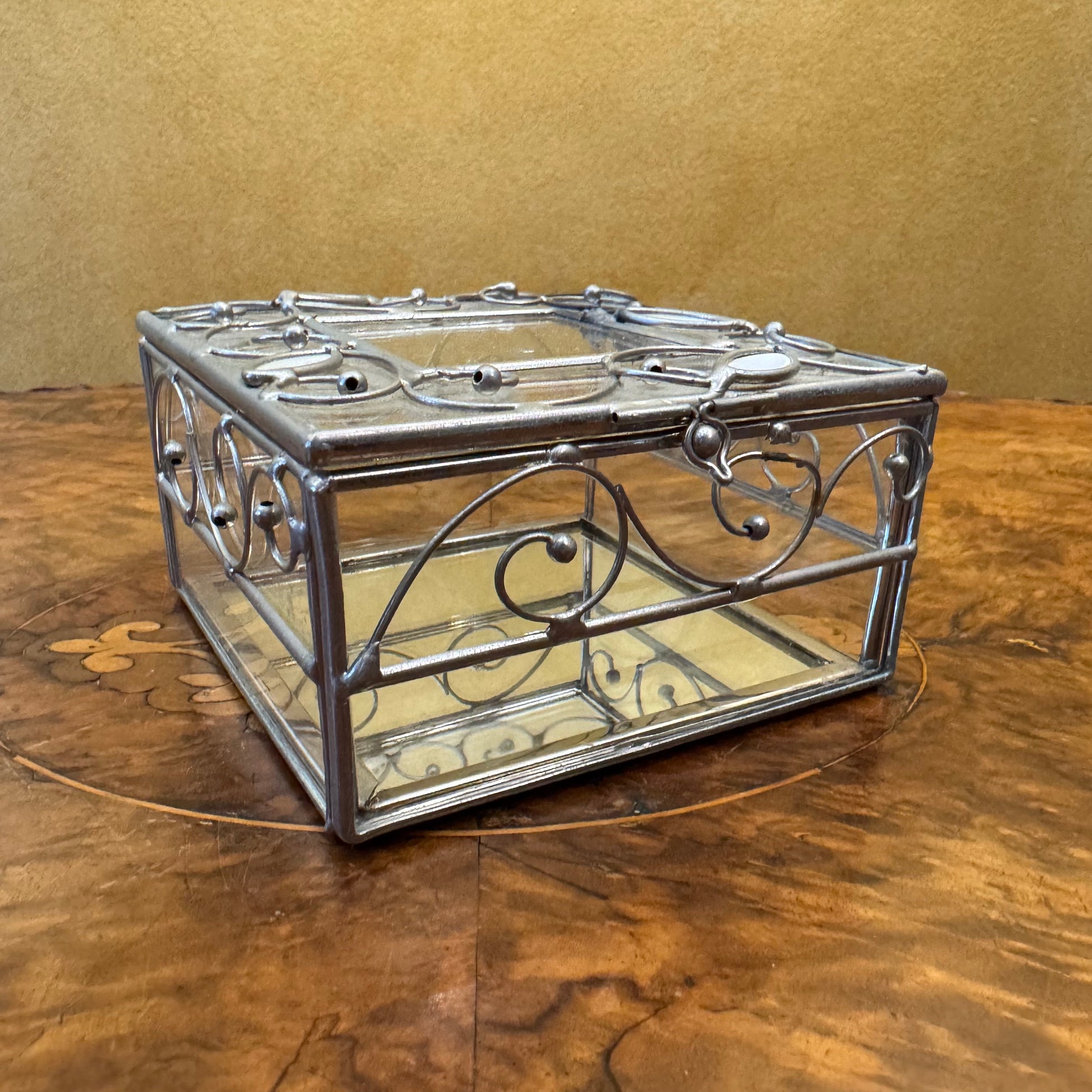 Metal Glass Mirror Trinket Jewellery Box 
