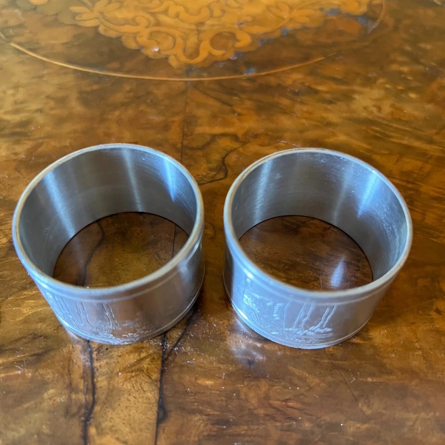 Vintage Engraved Picture Metal Napkin Rings Pair
