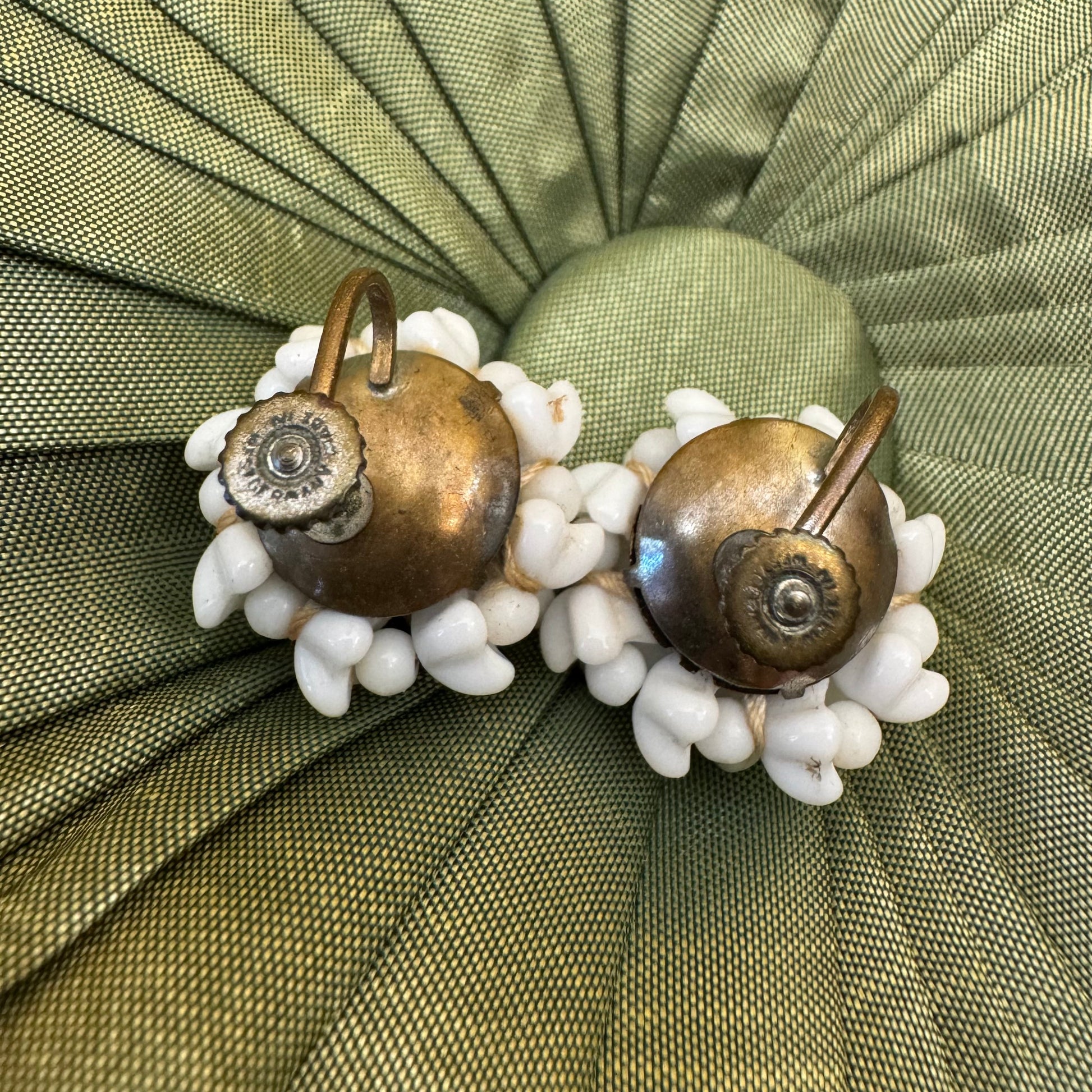 Milk Glass Bead Cluster Flower Screw Back Earrings