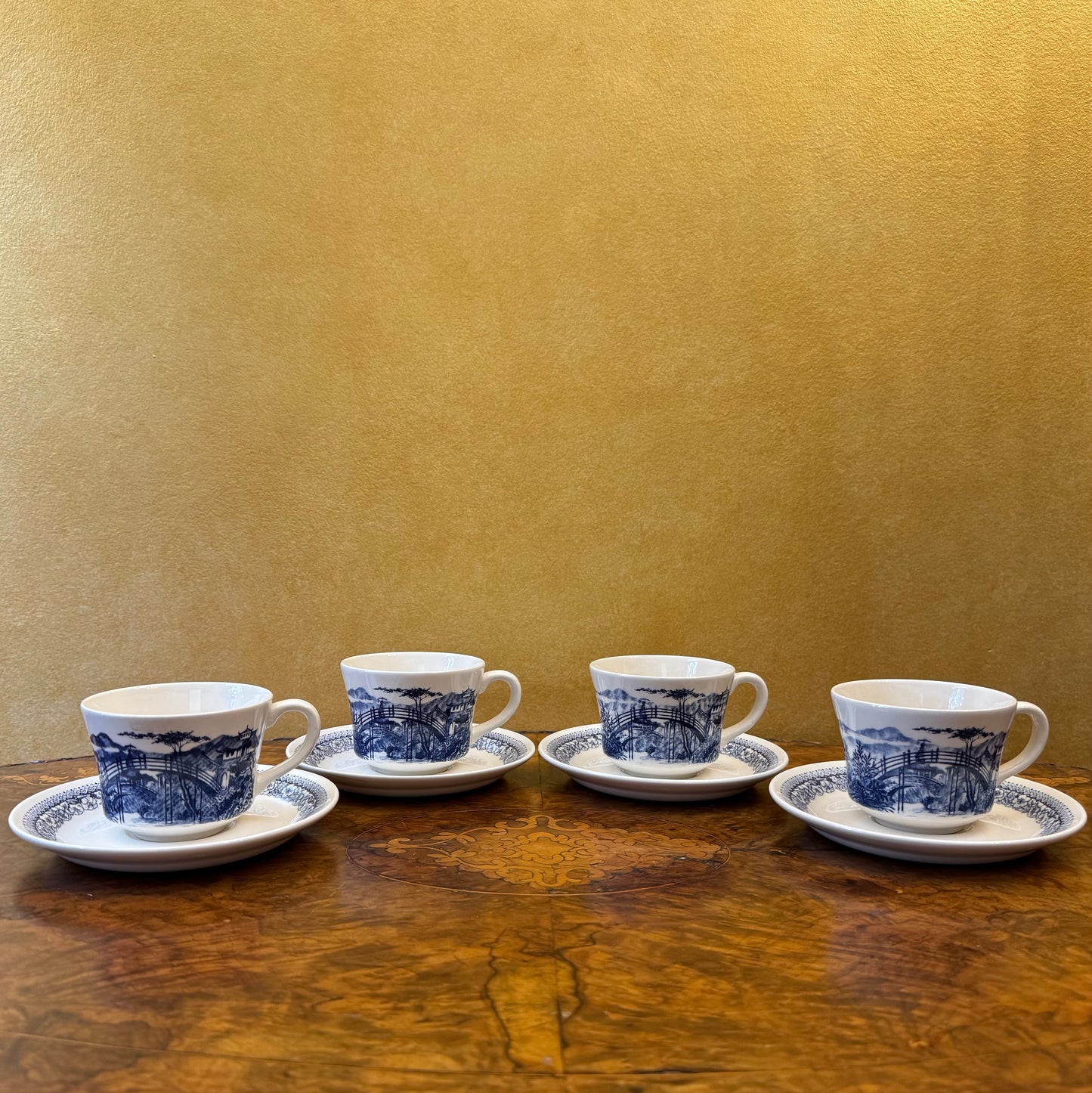 New Zealand Blue & White Print Tea Cup & Saucer Set Of Four 