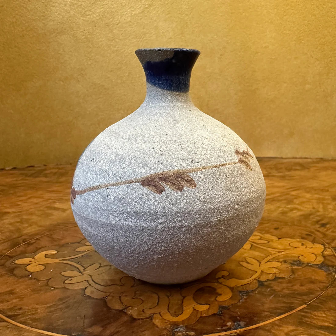 Round Pottery Blue Brown Design Bud Vase