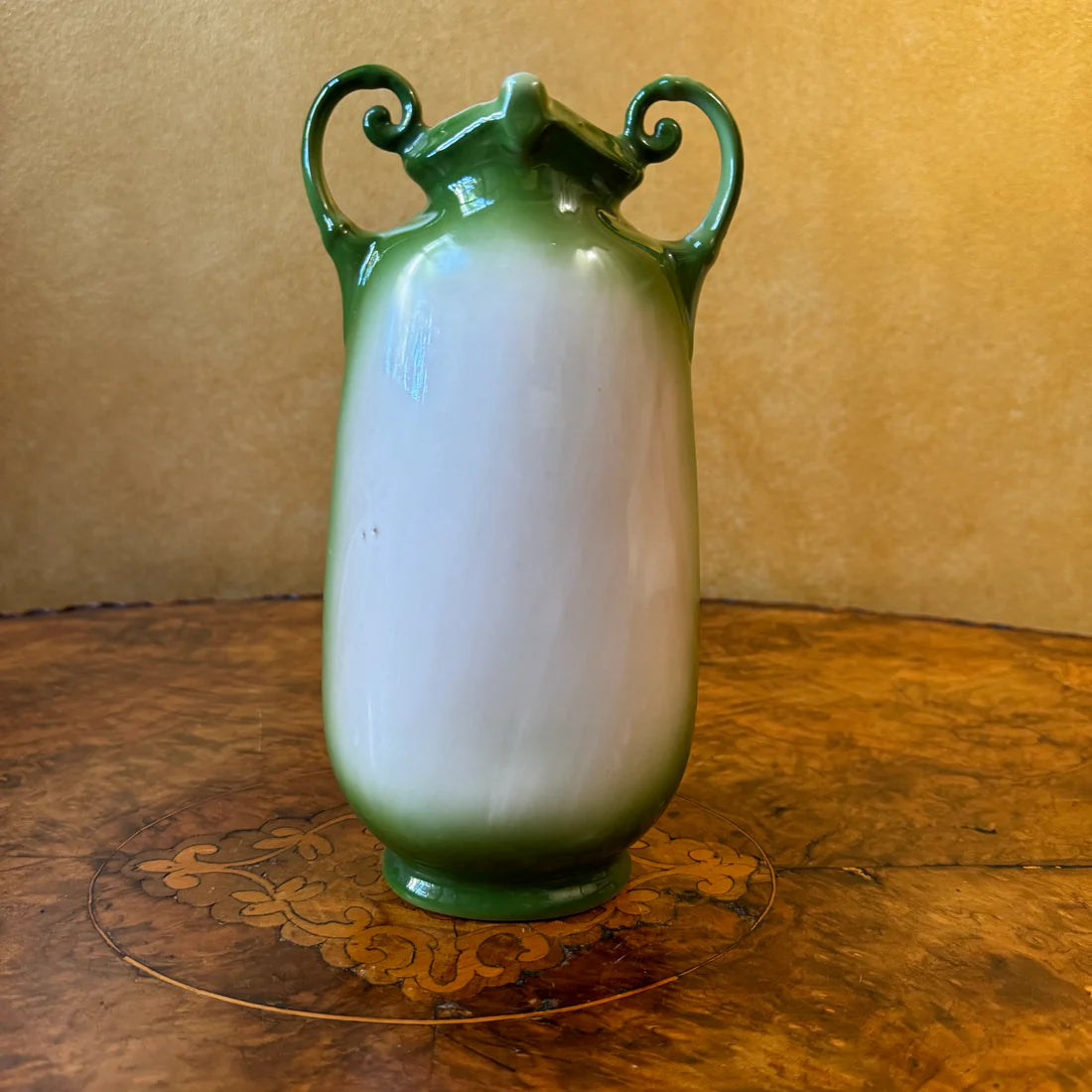Vintage Printed Green Double Handled Vase