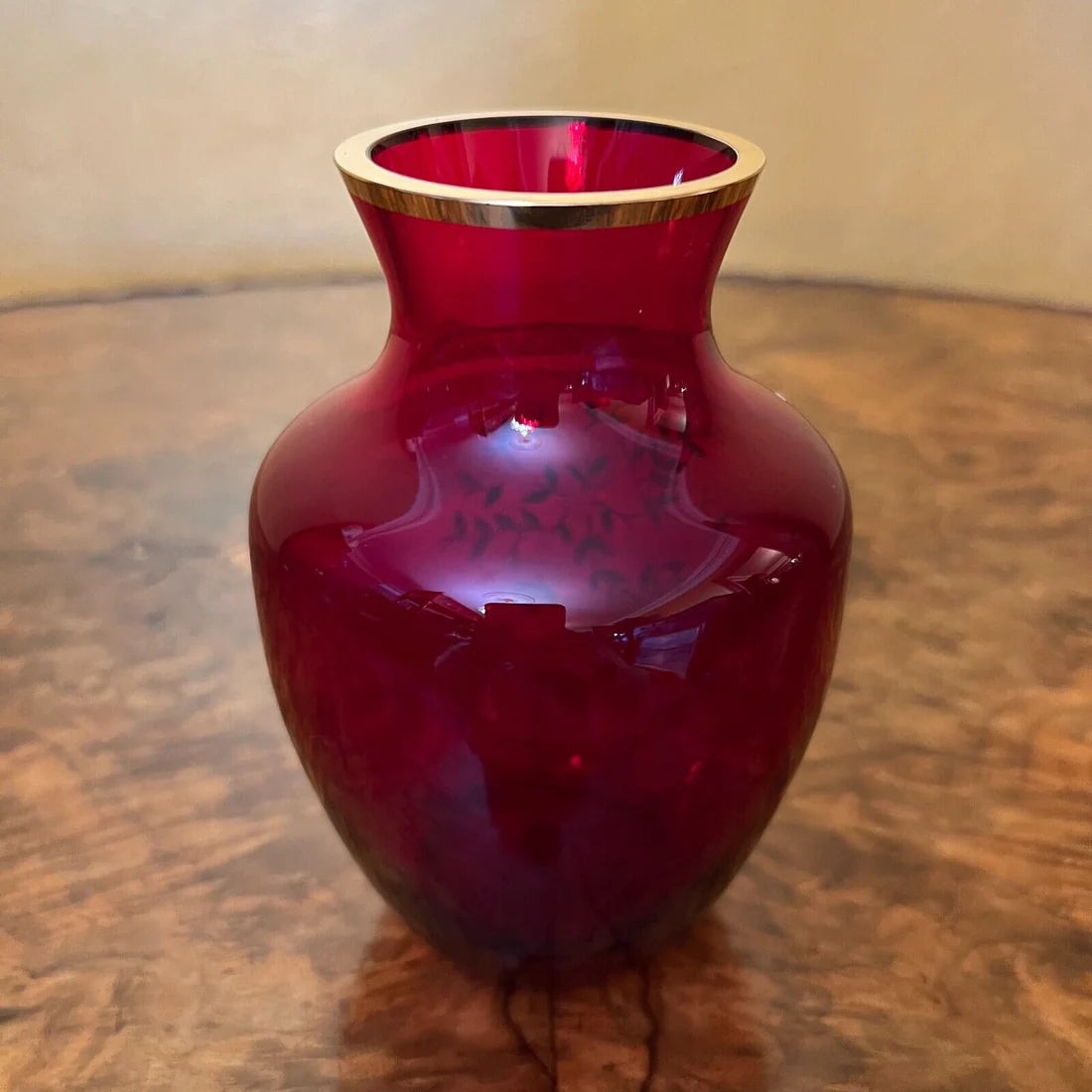 Vintage Red Glass Floral Print Vase