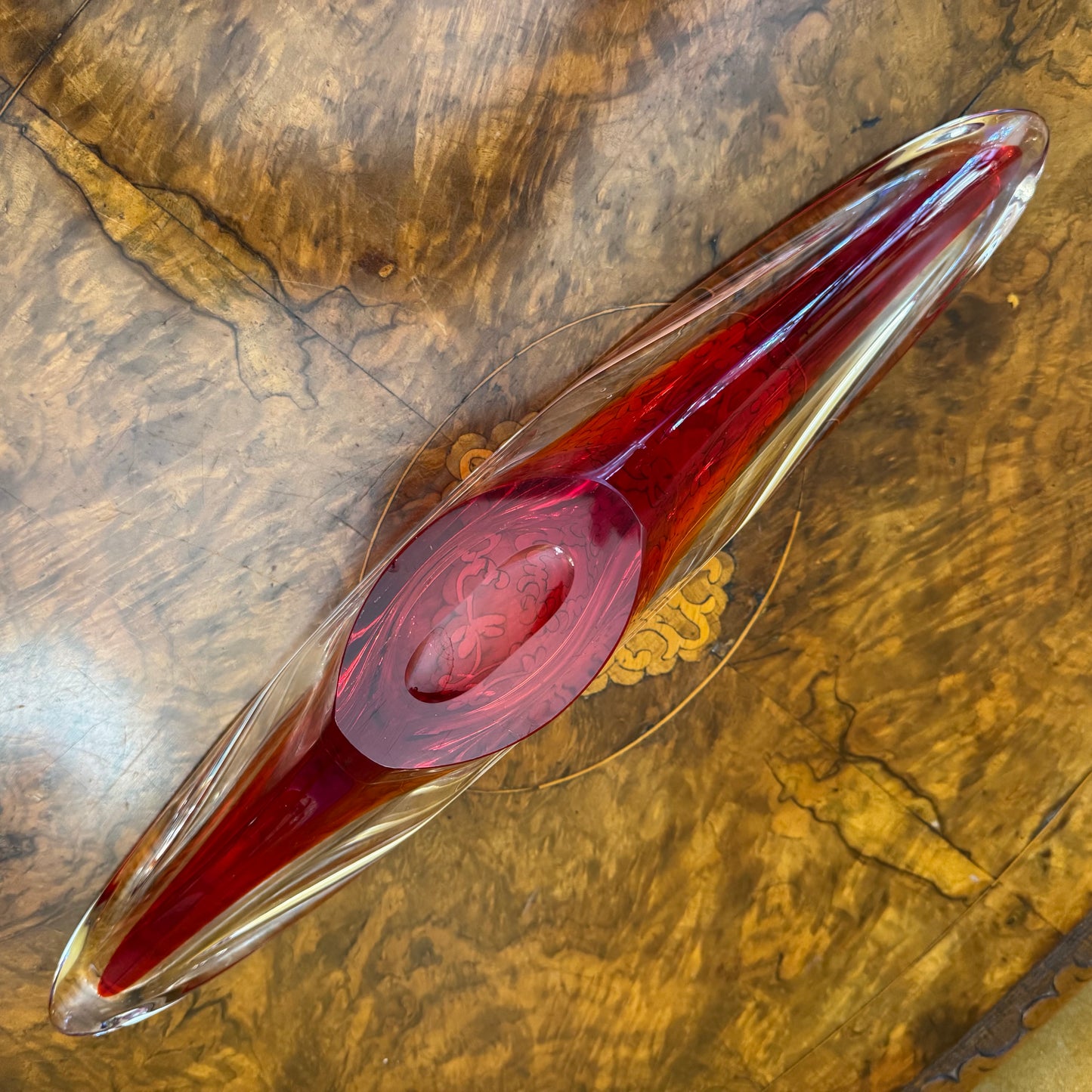 Red White Art Glass Narrow Bowl 