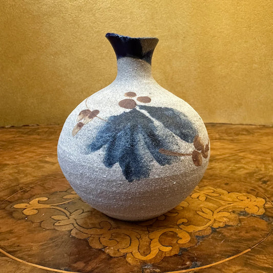 Round Pottery Blue Brown Design Bud Vase