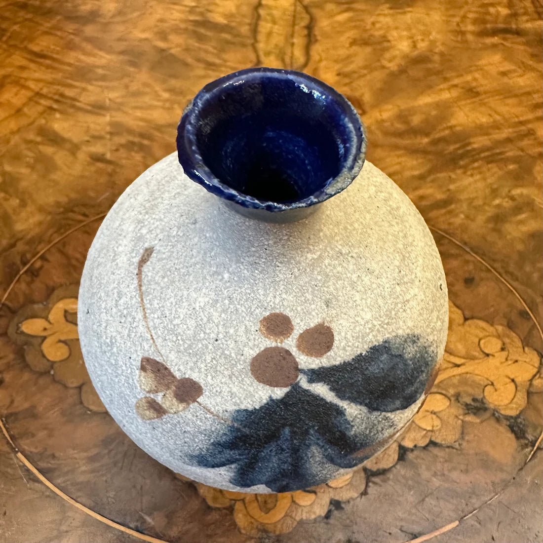Round Pottery Blue Brown Design Bud Vase