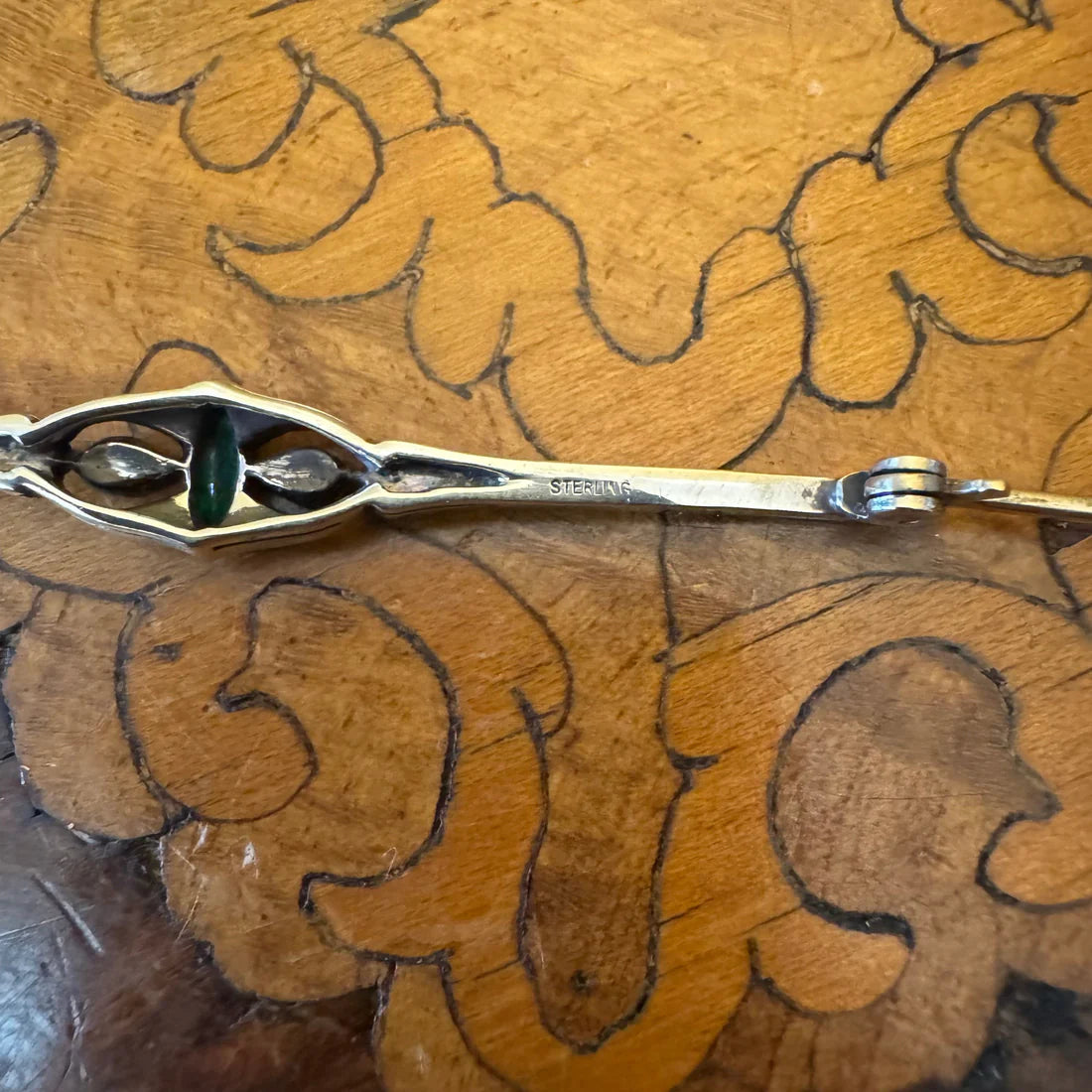 Vintage Sterling Silver Green & Clear Stone Brooch