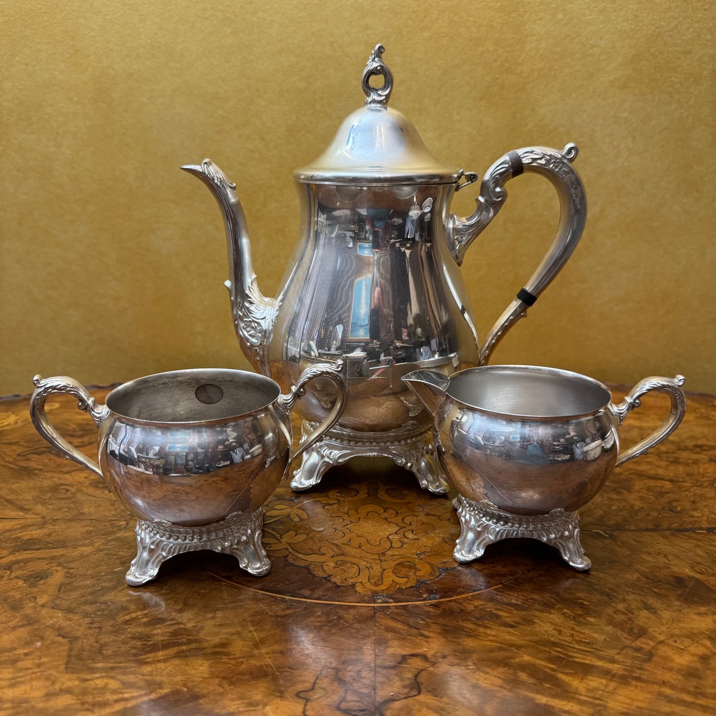 Silver Plate Teapot Sugar Bowl & Milk Jug Set 