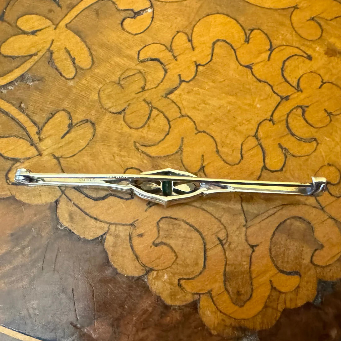 Vintage Sterling Silver Green & Clear Stone Brooch
