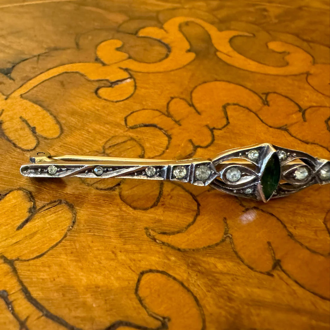 Vintage Sterling Silver Green & Clear Stone Brooch