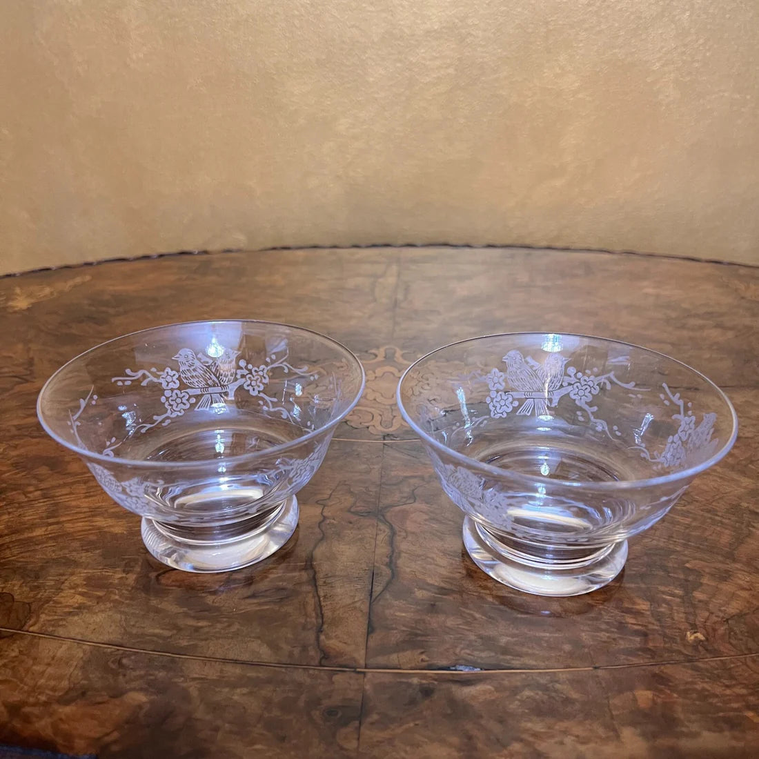 Vintage Stuart Crystal Etched Bird Dessert Bowls Pair