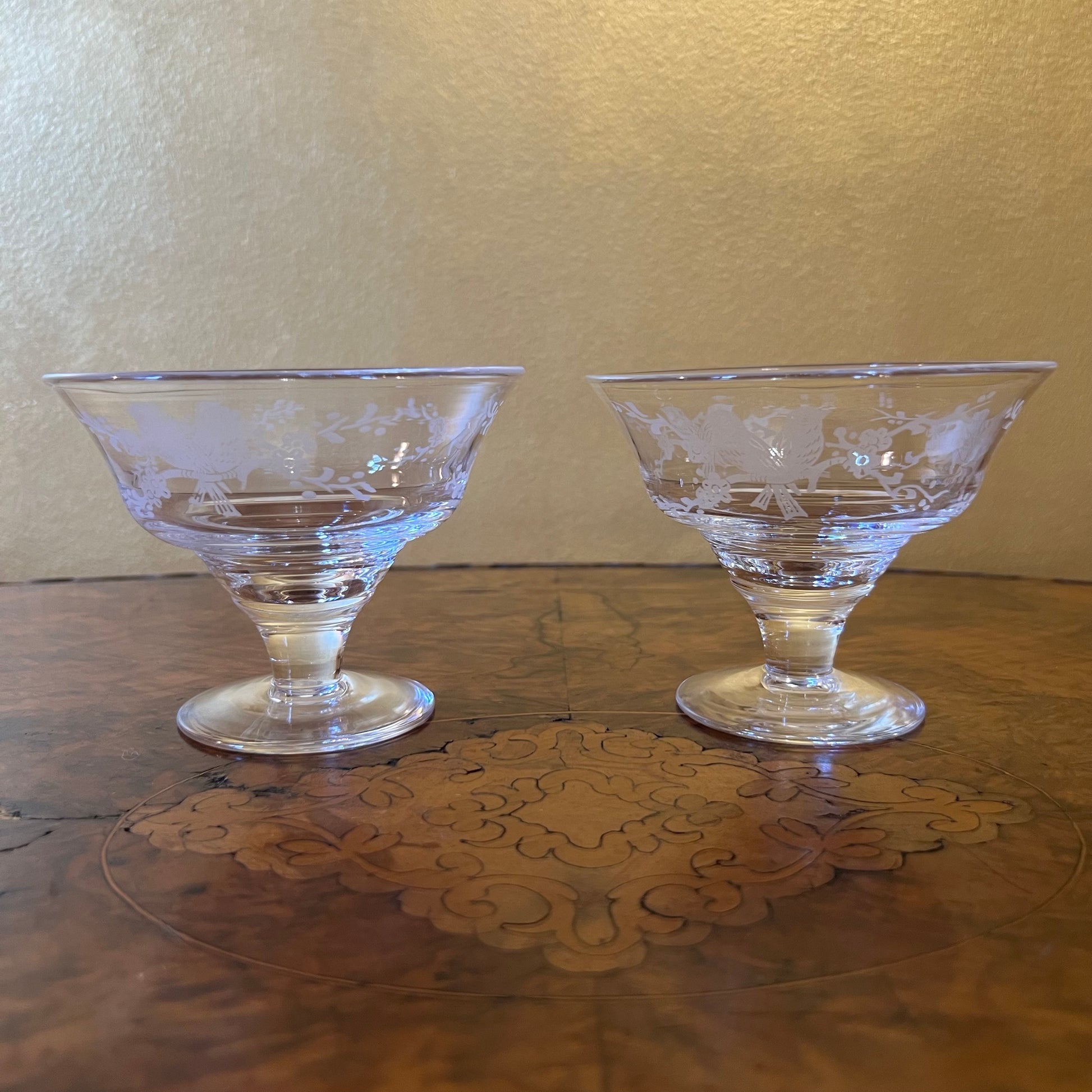 Stuart Crystal Etched Birds Desert Bowls