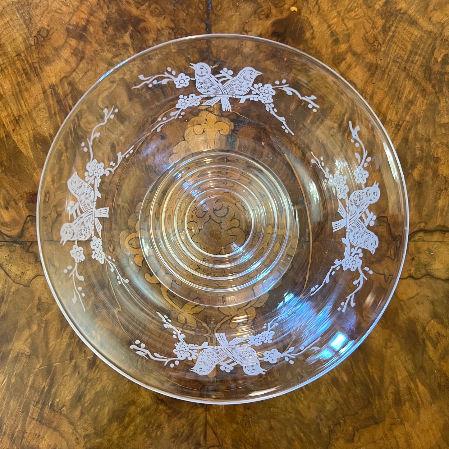 Stuart Crystal Etched Birds Large Bowl 