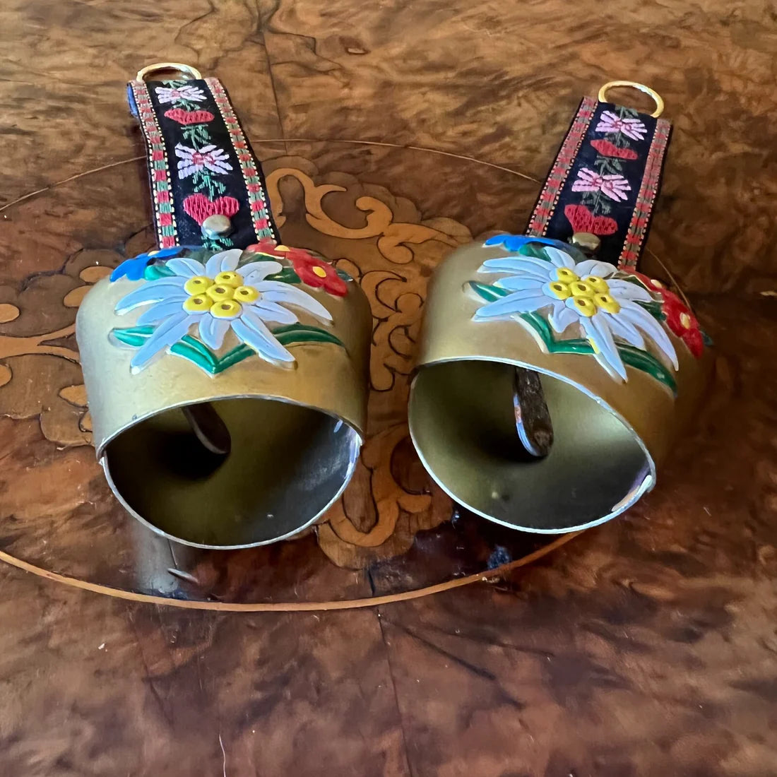 Vintage Swiss Hand Painted Small Cow Bells Pair