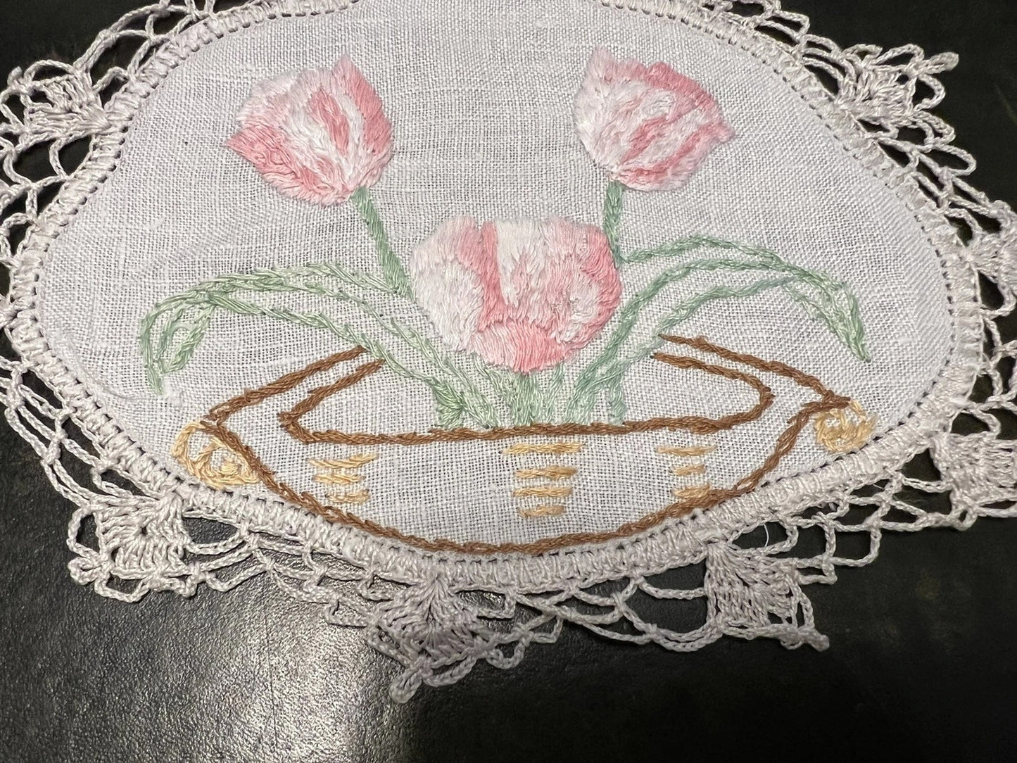 Vintage Tulip Embroidered Doily