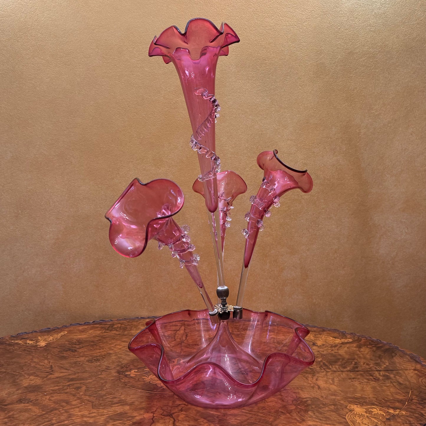 Victorian Cranberry Glass Four Vase Epergne