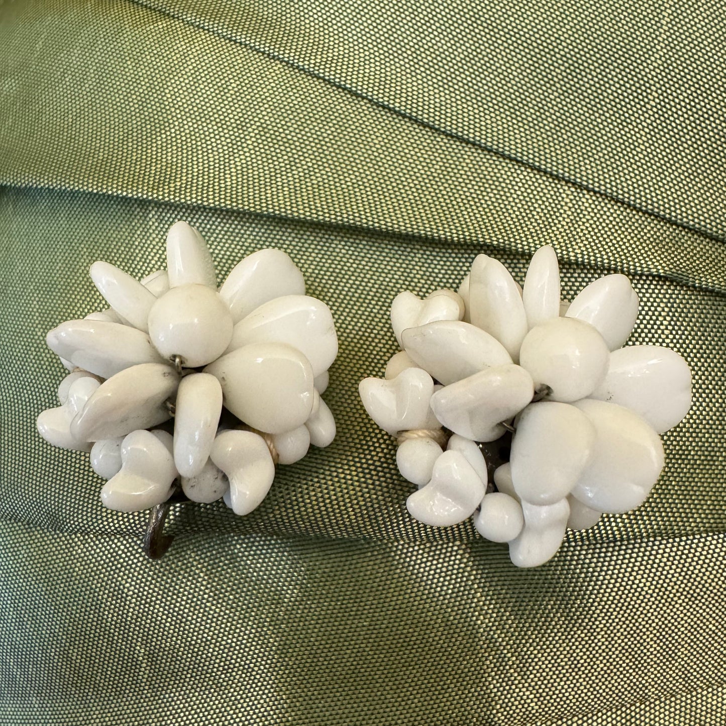 Vintage 1940s Western Germany Milk Glass Bead Cluster Flower Screw Back Earrings