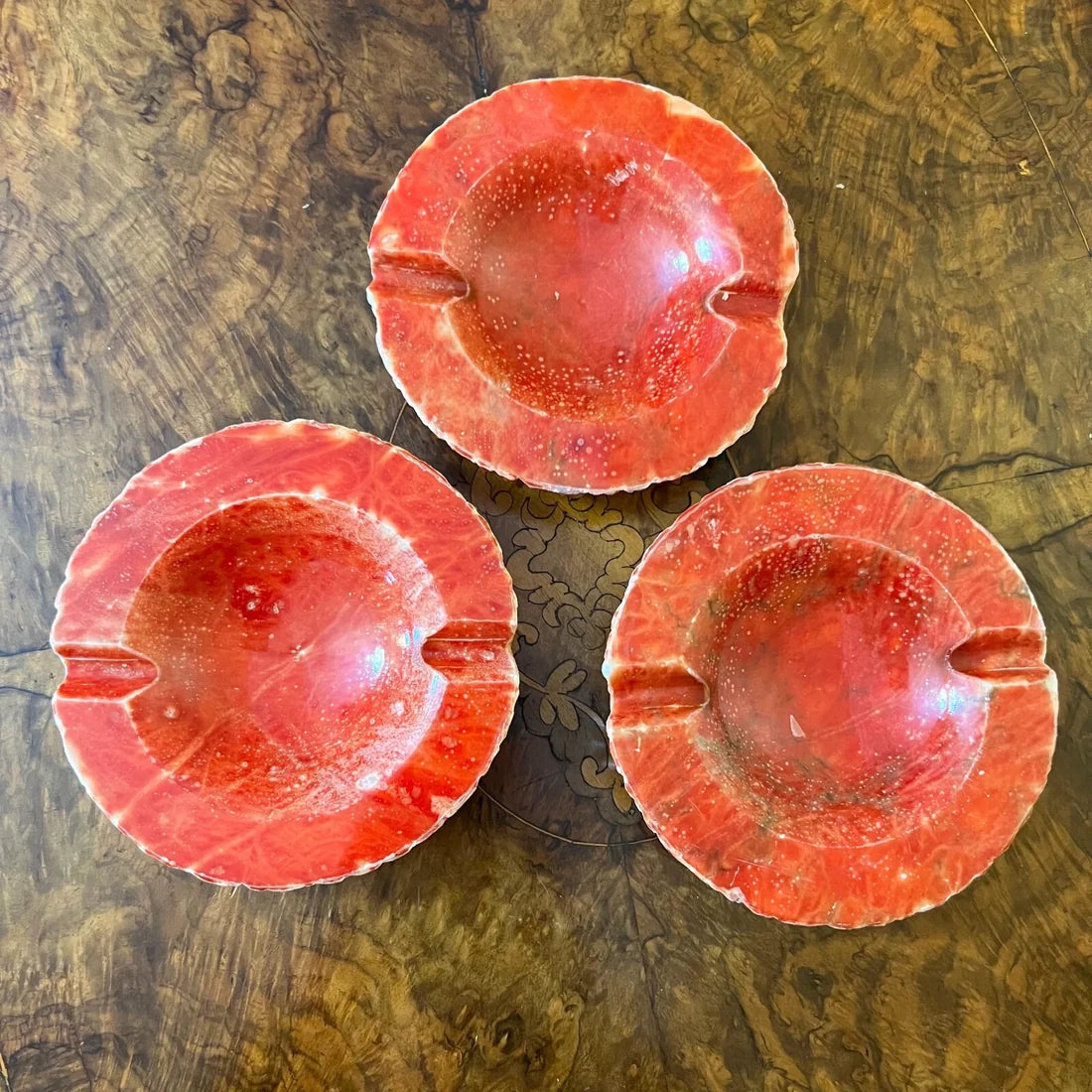 Vintage Orange Alabaster Ashtrays Set Of Three