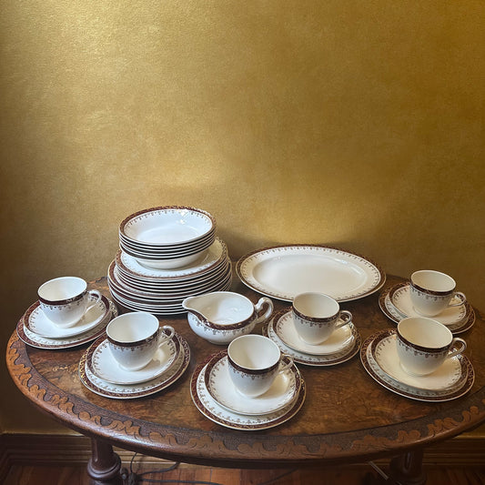 Vintage Alfred Meakin Suzanne Burgundy Gold Print 38 Piece Dinner Set 