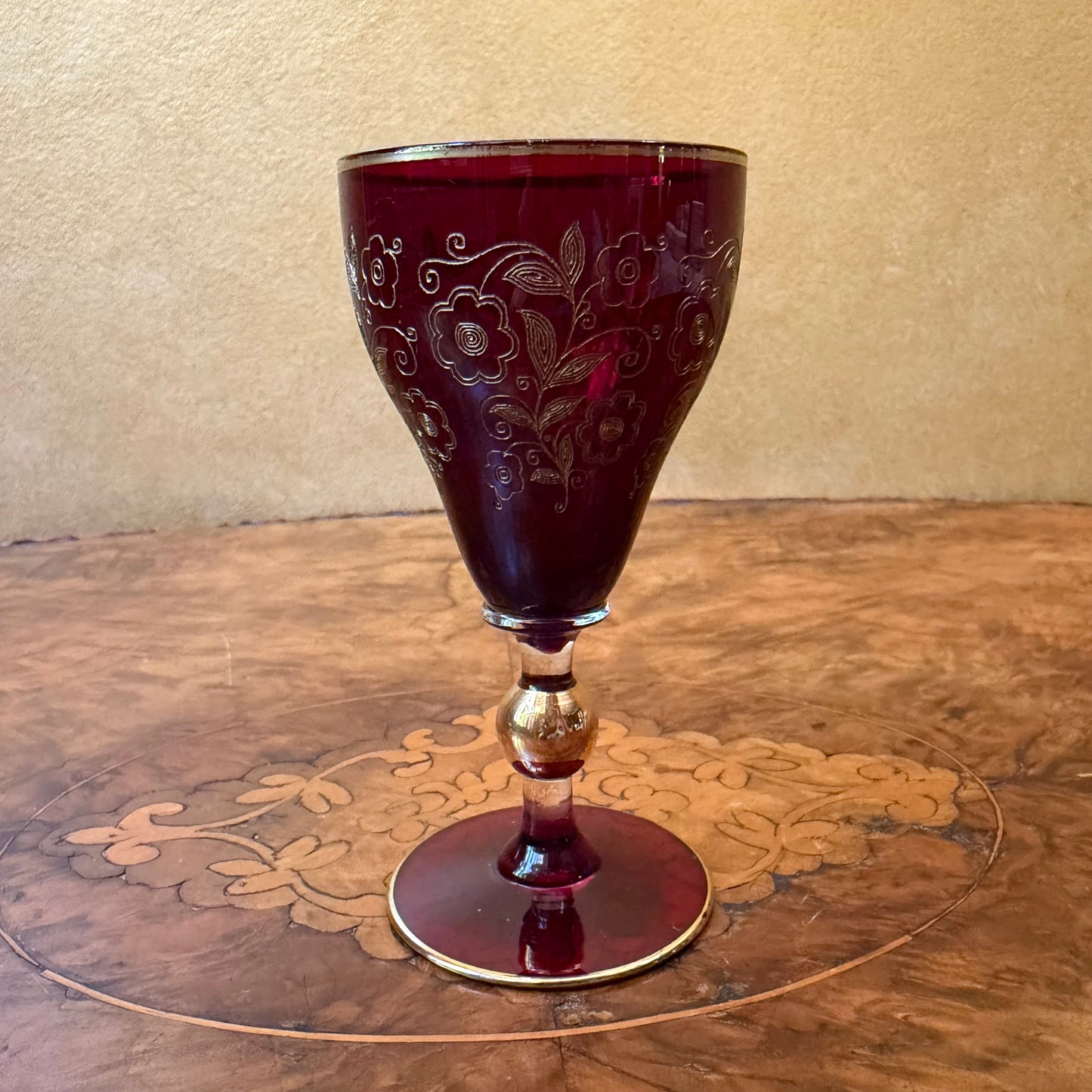 Vintage Art Deco Ruby Red Glass Gold Etched Glass