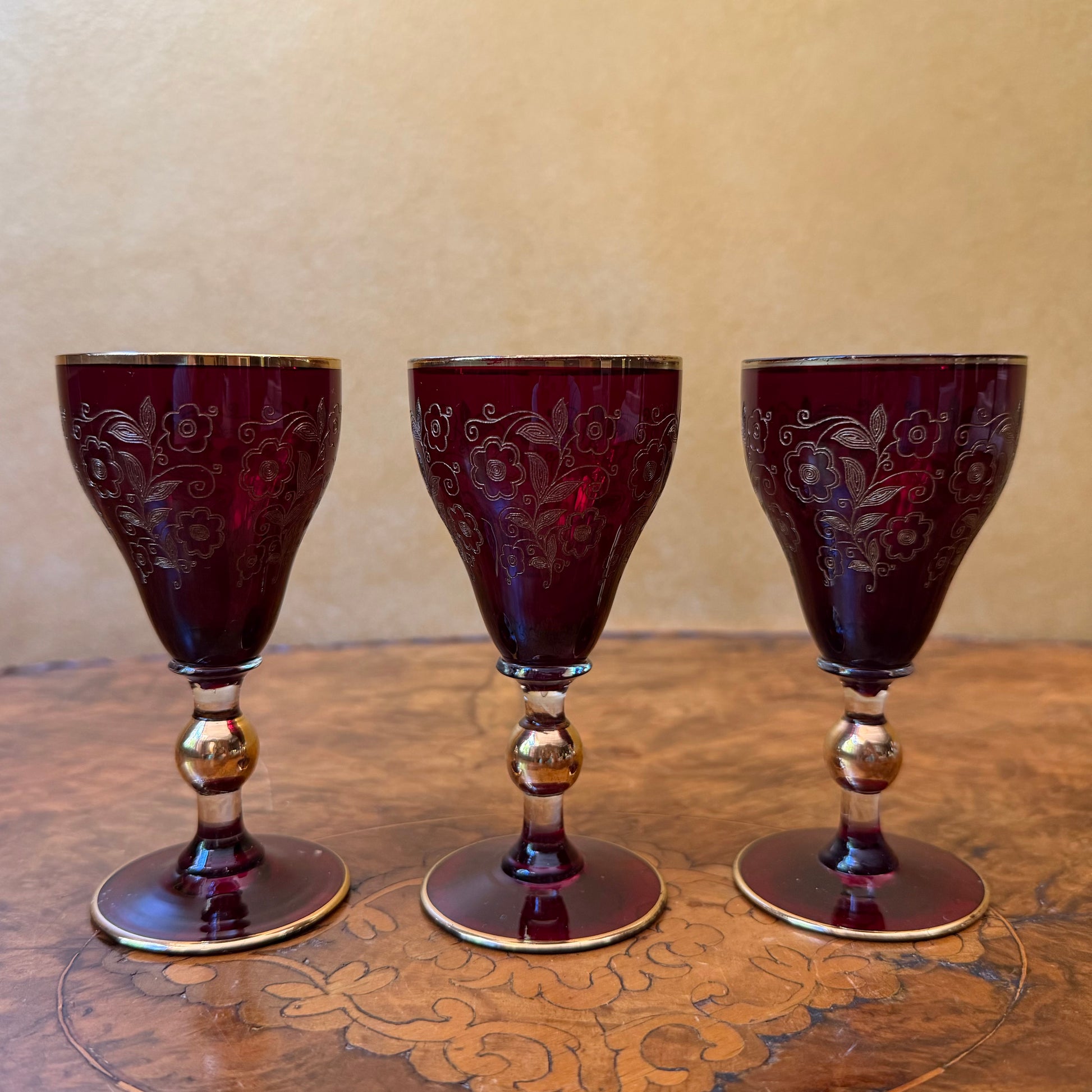 Vintage Art Deco Ruby Red Glass Gold Etched Three Liqueur Glasses