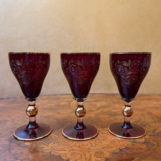 Vintage Art Deco Ruby Red Glass Gold Etched Three Liqueur Glasses