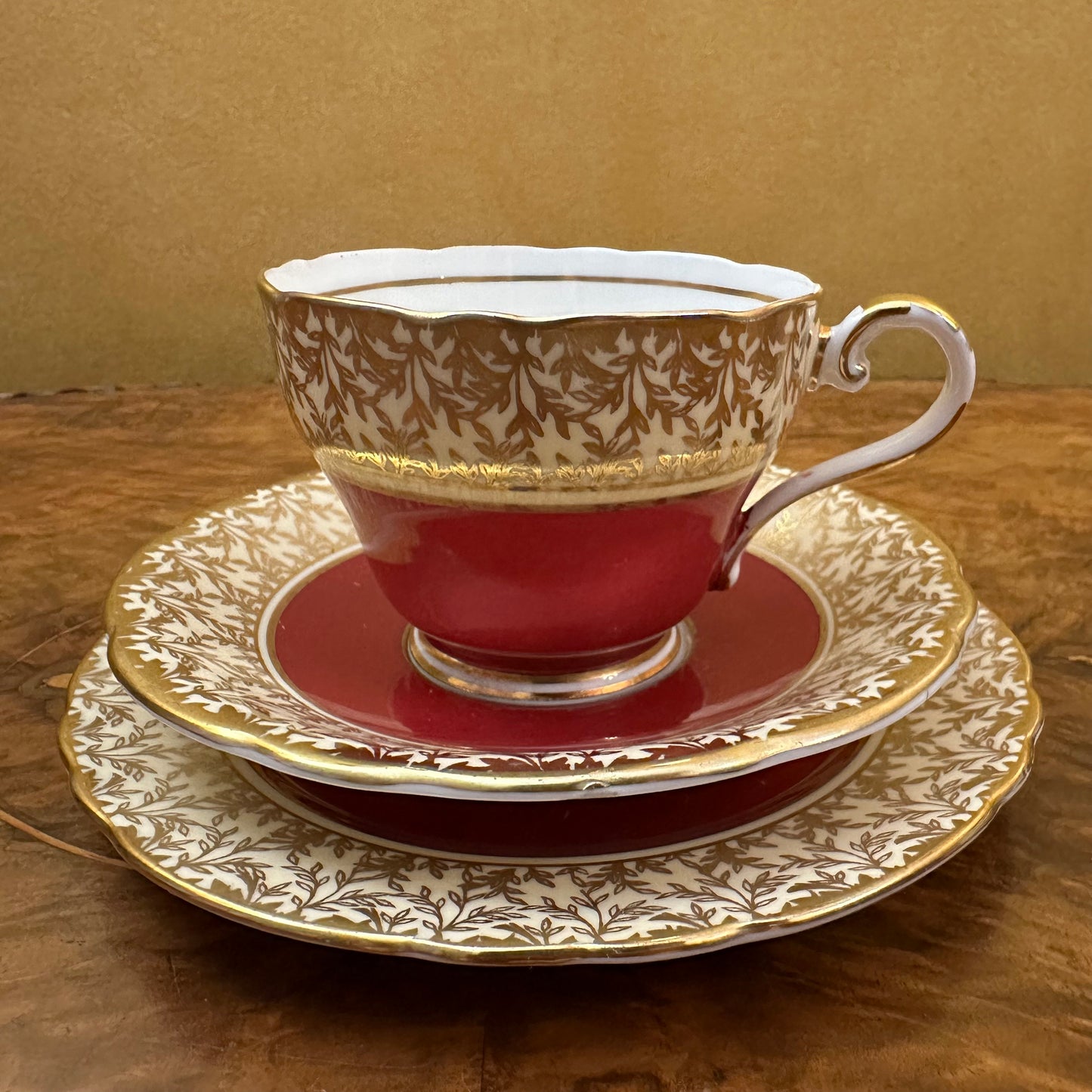 Vintage Aynsley Burgundy and Gold Tea Cup Trio 