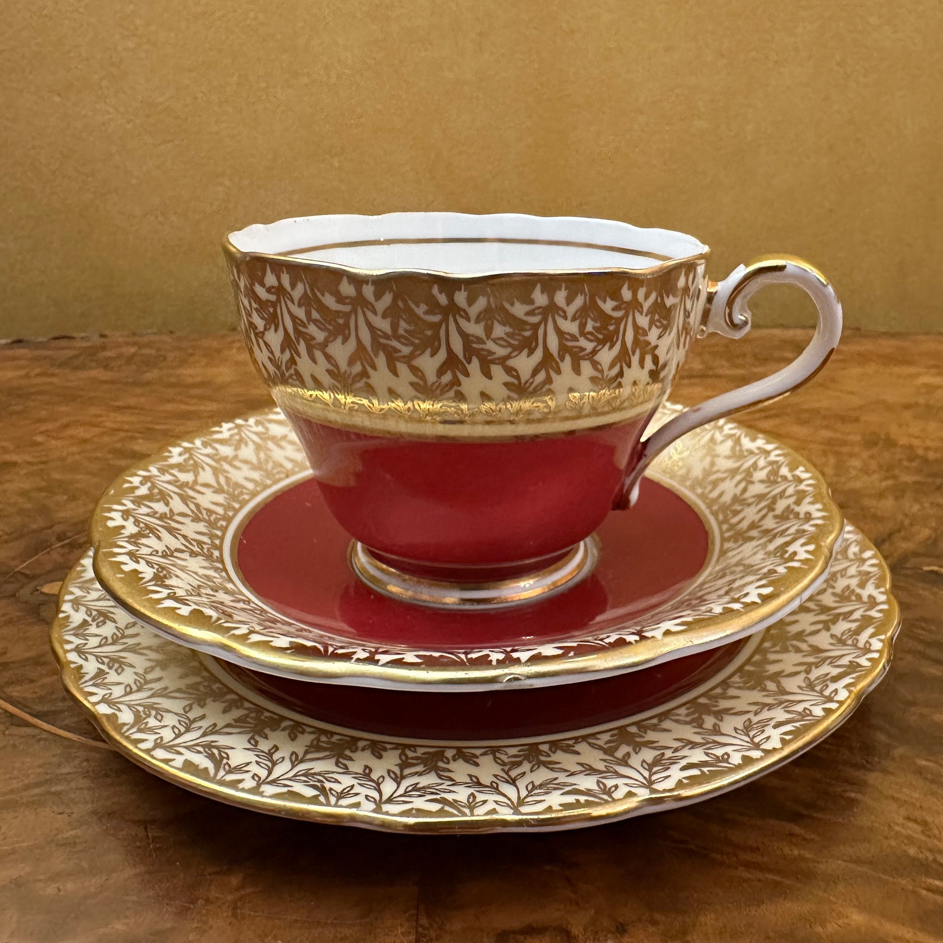Vintage Aynsley Burgundy and Gold Tea Cup Trio 