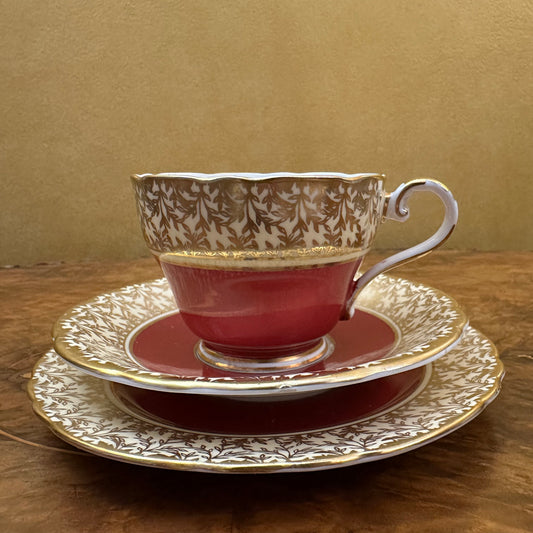 Vintage Aynsley Burgundy and Gold Tea Cup Trio Set 