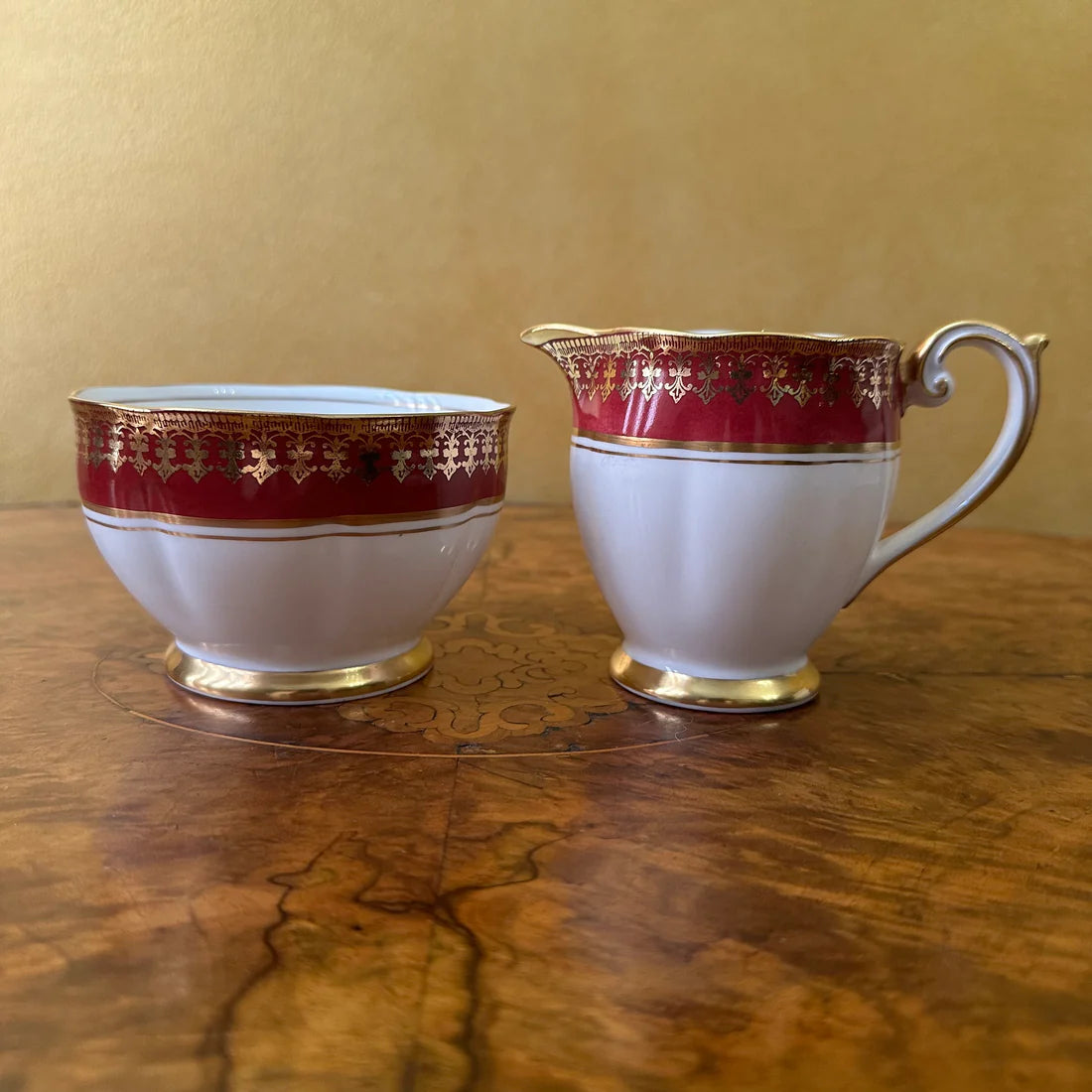 Vintage Bell China Red & Gold Print Milk Jug & Sugar Bowl Set