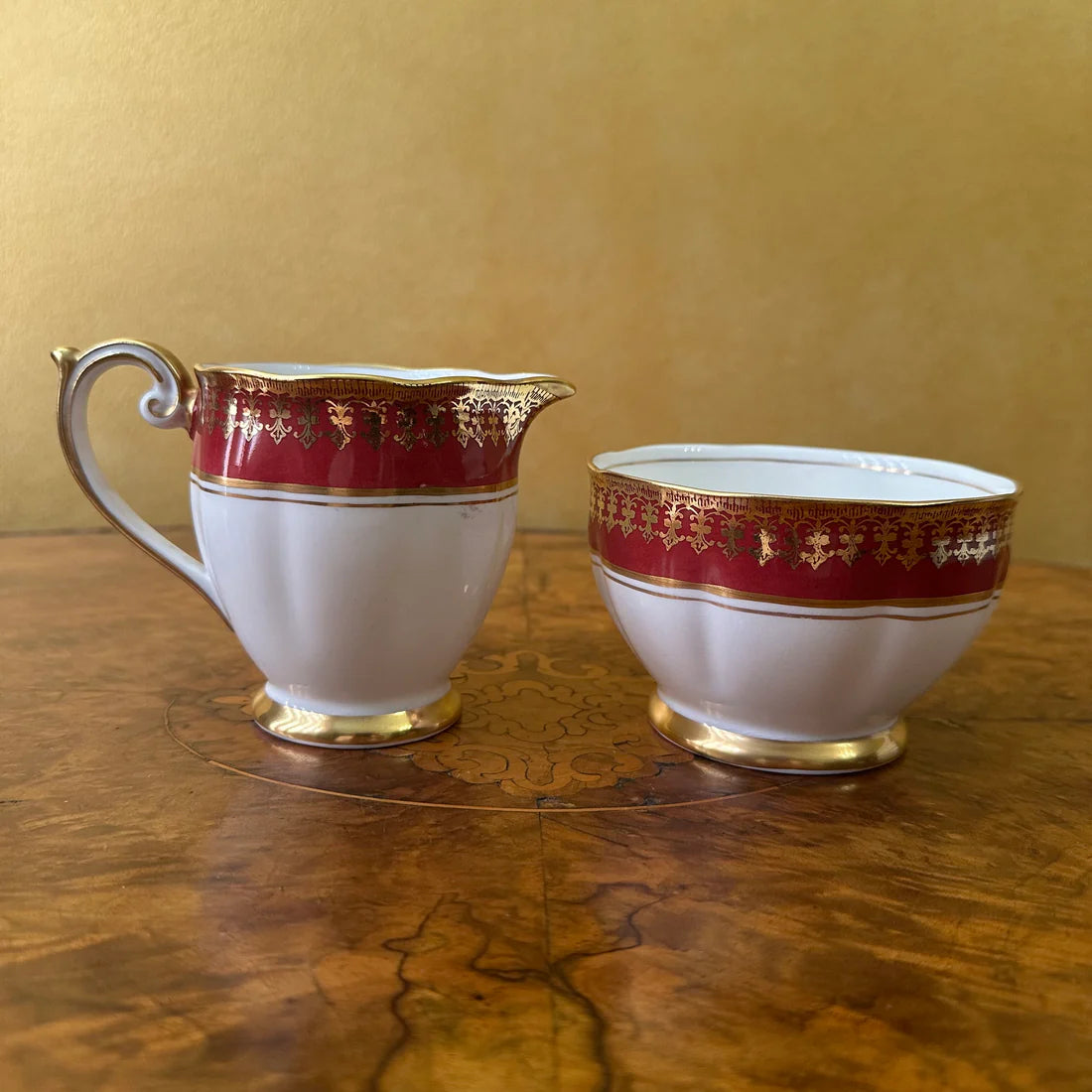 Vintage Bell China Red & Gold Print Milk Jug & Sugar Bowl Set