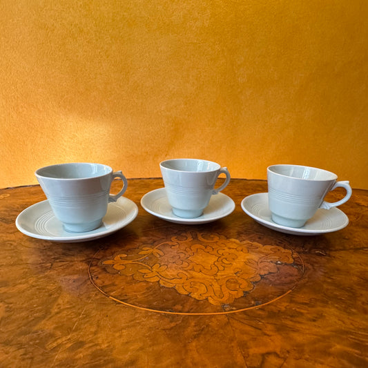 Vintage Beryl Woods Ware Blue Demitasse Cups & Saucer Set 