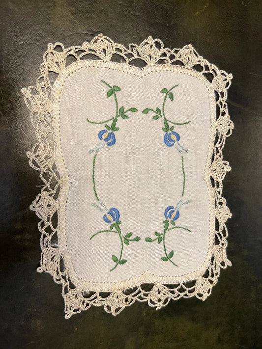 Vintage Blue Floral Embroidery Doily